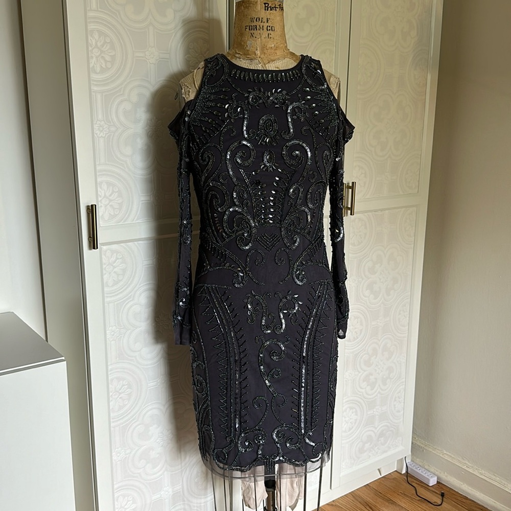 Aidan Mattox fully beaded cocktail dress with cold shoulder long sleeves